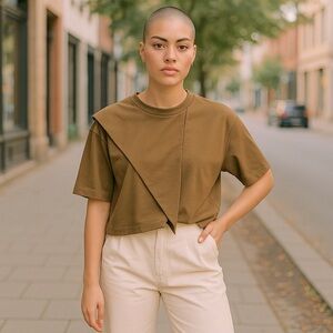 Womens Zara Trafaluc Asymmetrical Cropped Top Blouse Mustard Yellow Tan Small